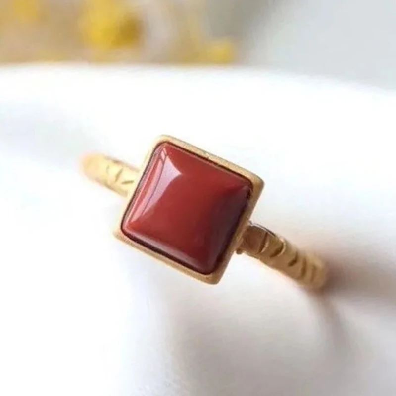 Classic Design Inlaid Natural Southern Red Tourmaline Square Adjustable Ring Vintage Simple Creative Women's Jewelry