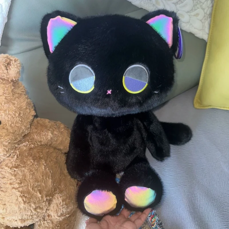 Cute Doozie Drowsy Black Cat Stuffed Plush Toy Reflective Shiny Colorful Design Fluffy Sleeping Companion Doll  Ideal Holiday
