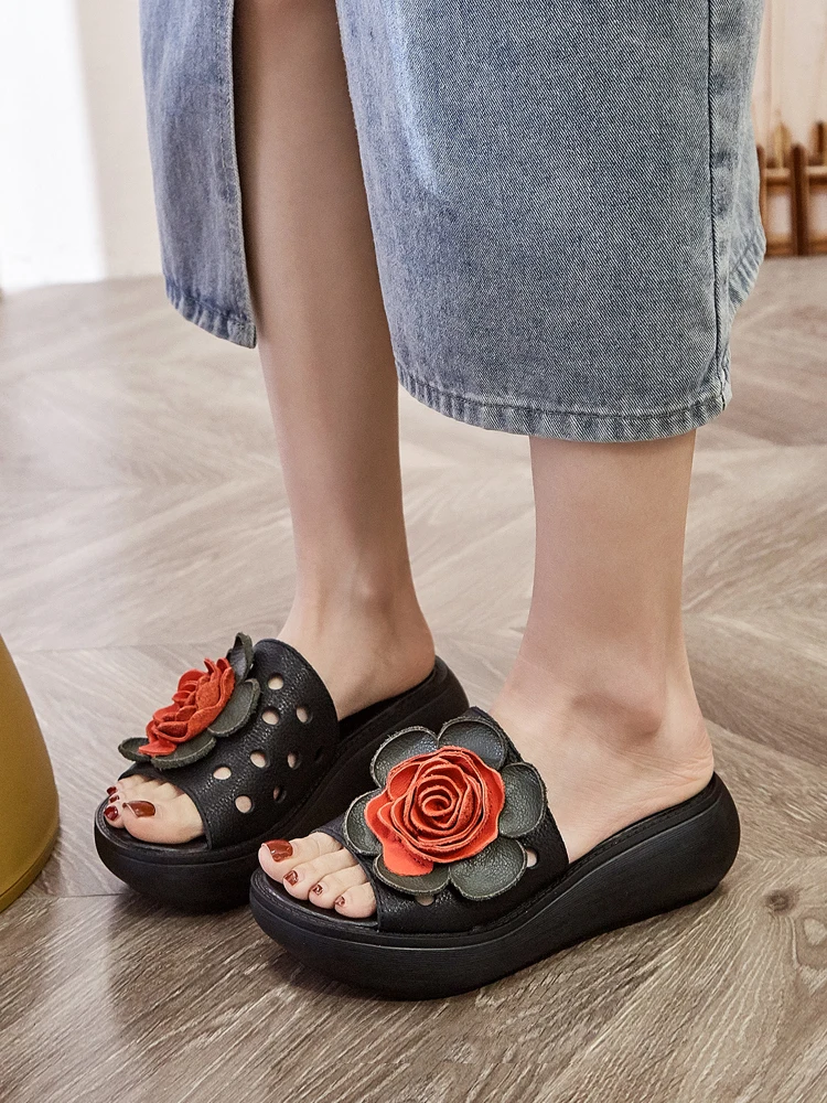 Casual Thick Bottom Flower Ladies Slippers Outdoor Wear Summer Slope Heel Fish Mouth Mom Shoes Versatile One-Strap Slippers