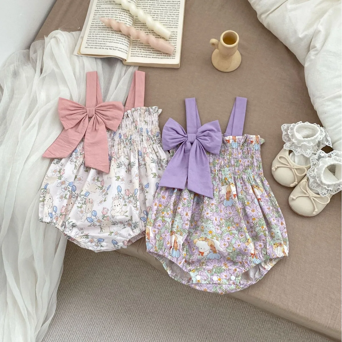 

2024 Summer New Baby Girl Cute Bow Sling Bodysuit Cartoon Print Infant Sleeveless Jumpsuit Cotton Newborn Toddler Clothes 0-24M