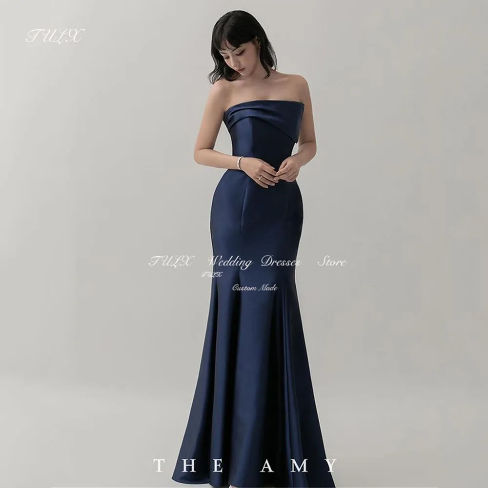 

TULX Strapless Blue Evening Dress Korea Mermaid Wedding Photo Shoot Satin Sleeveless Long Bridal Formal Party Corset Custom 2025