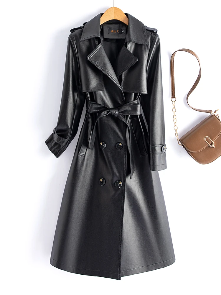   Manteau coupe-vent mi-long en cuir véritable pour femme, version coréenne ajustée, nouvelle collection automne-hiver 2025