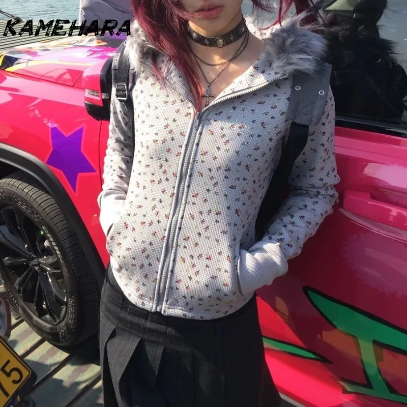 

KAMEHARA Korean Retro Floral Print Long Sleeve Hoodie Spring Autumn Zipper Cardigan Trendy Streetwear Куртка Женская С Капюшоном