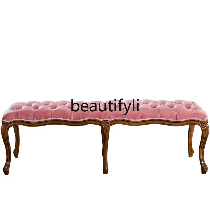 

American French bed tail sofa stool fabric pull button bench bedroom European solid wood shoe changing stool