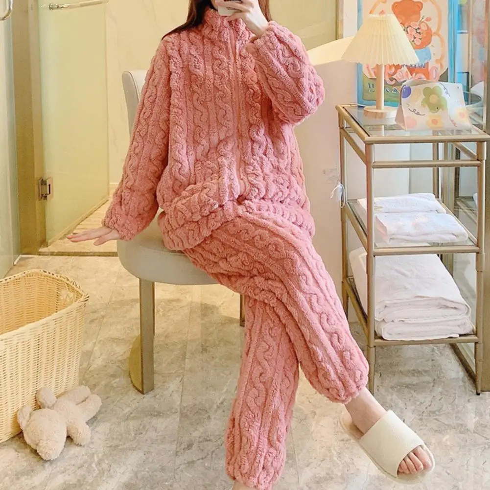 

2 Pcs/Set 2025 Ladies Winter Sleepwear Warm Thickened Soft Flannel Pajama Sets O Neck Pajamas Long Pants Casual Loose Homewear