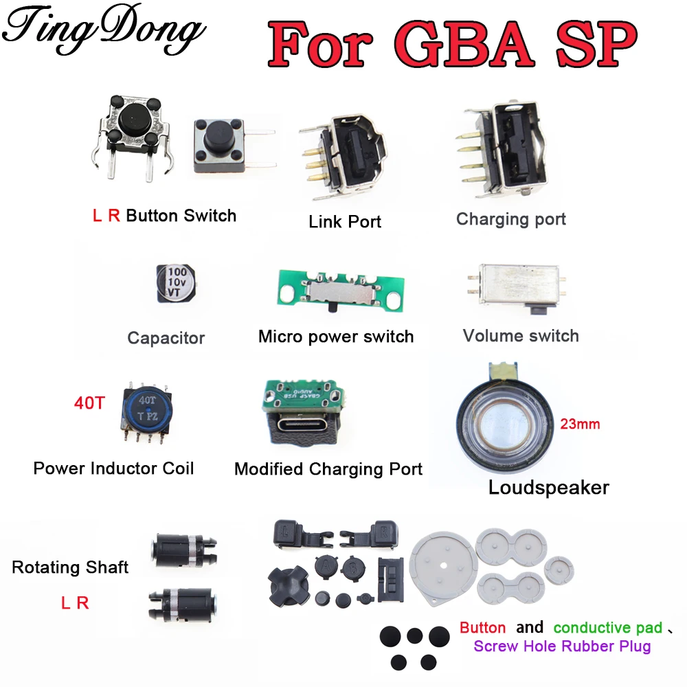 Motherboard Micro Power Switch, Volume Switch,Buttons, Speaker, Capacitors, Inductor , Charging Port For GBA SP Console