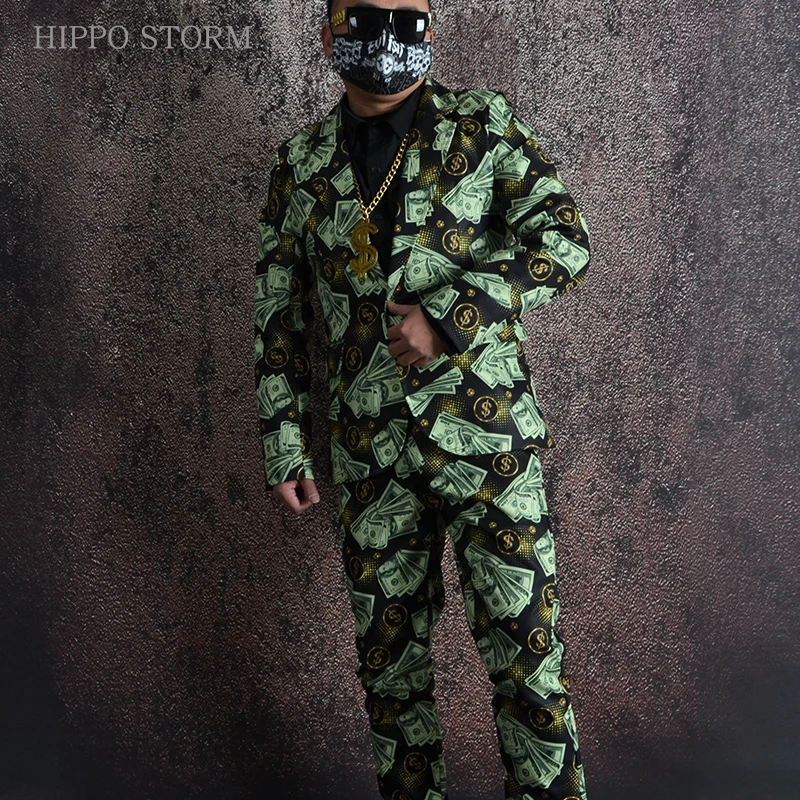 Spring Men's Personality Dollar Printing Suit Coats Nightclub Tide New Male Singer Hairdresser Trend Slim Blazers Jackets Dress