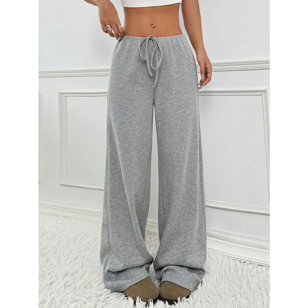 Printemps été femmes décontracté rayé couleur unie polyvalent Simple pleine longueur cordon pantalon droit