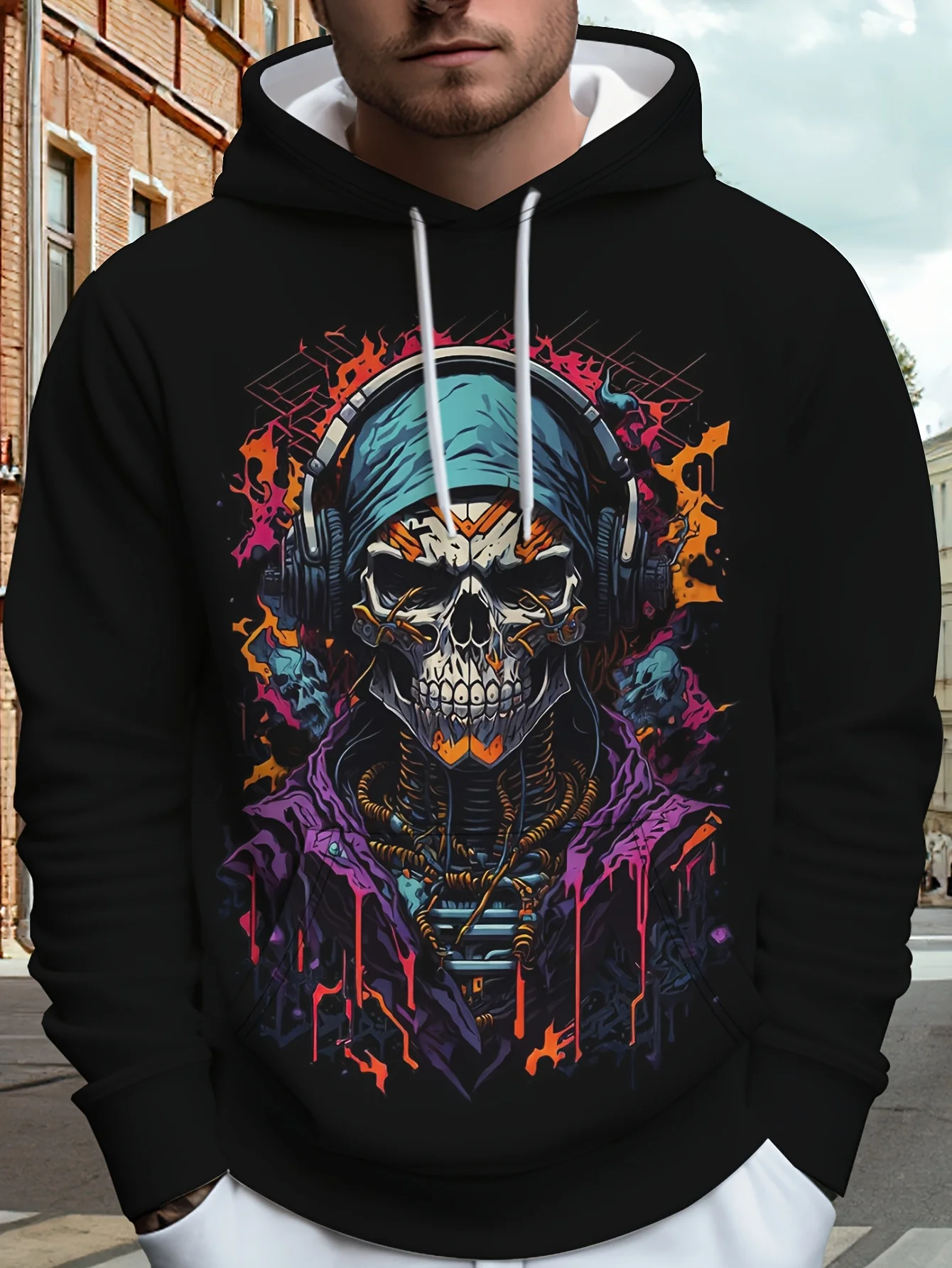 

Men's Hoodies Hip Hop Rock Skull Pattern Print Sweatshirts Autumn and Winter Casual Loose Coat Top Fashion Oversized Y2k Clothes
