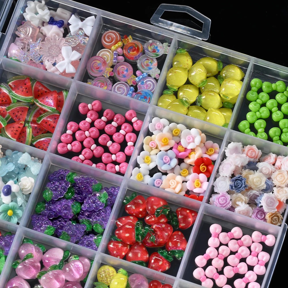12/24Grids Mixed Fruit Bow Nail Charms Assorted Grapes Peach Cherry Pineapple Nail Art Decoration DIY Fruit Gems Manicure Parts