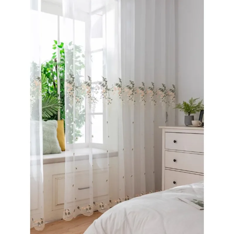 American Countryside Floral Embroidery Rattan White Gauze Curtains, Living Room Bedroom Balcony Curtains
