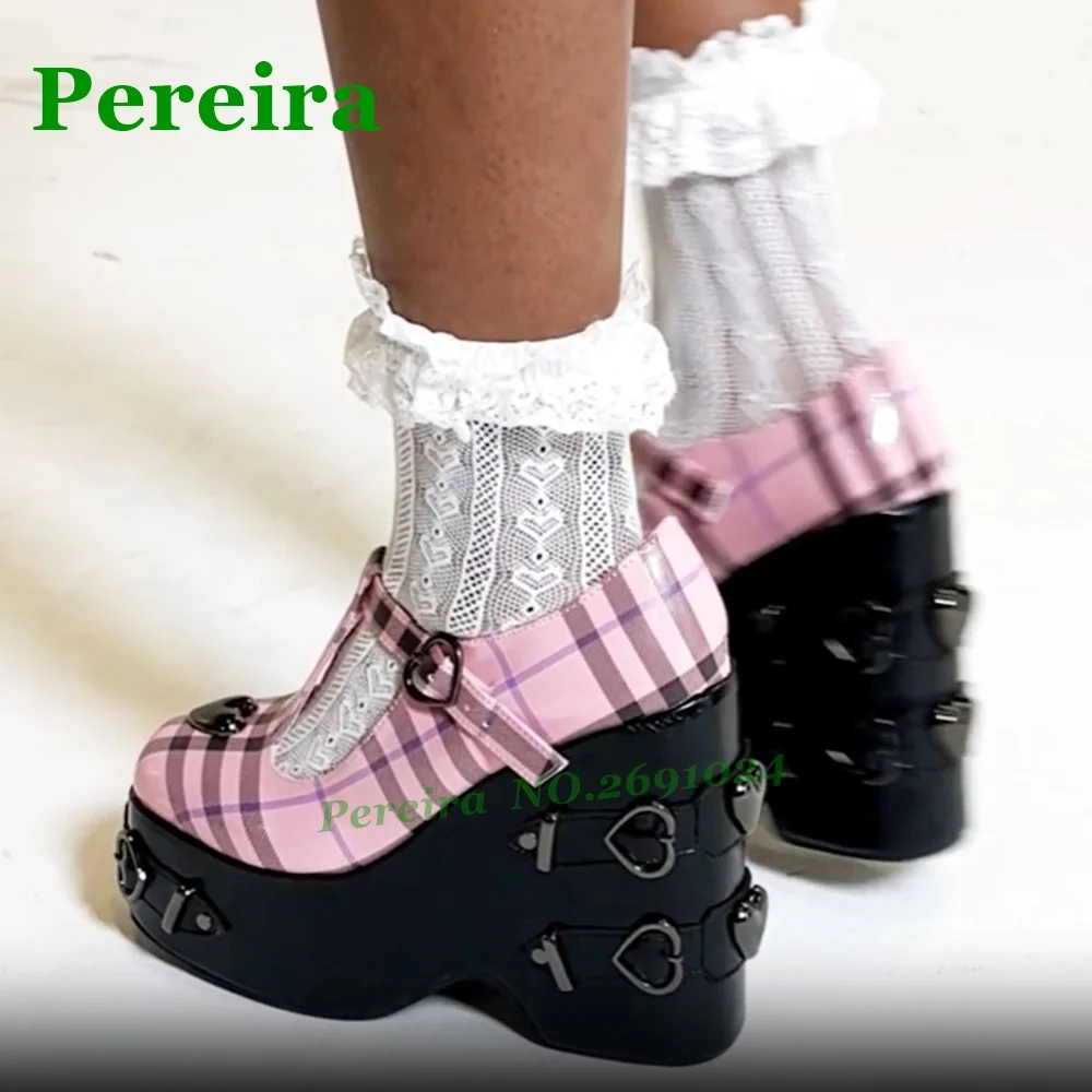 

Туфли-лодочки на платформе в розовую полоску с круглым носком и пряжкой на одном ремешке, женские туфли-лодочки на массивном каблуке в стиле Лолиты, милые повседневные туфли на высоком каблуке