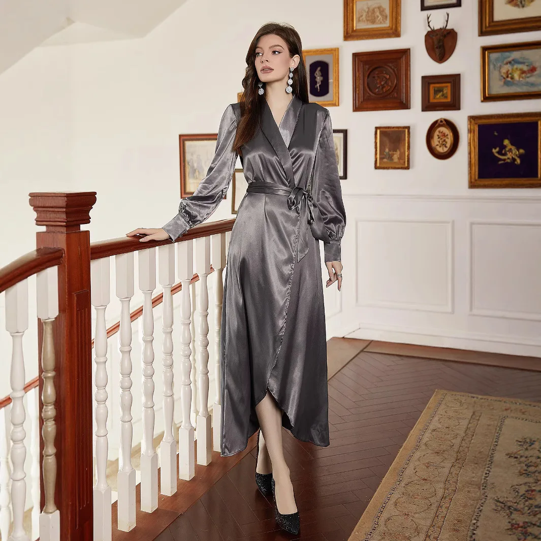 ผู้หญิงฤดูใบไม้ผลิสไตล์ใหม่บางสบายๆซาติน V คอยาวเสื้อผ้าแขนยาวลูกไม้ฤดูร้อนชุด Robe Vestido ผู้หญิง