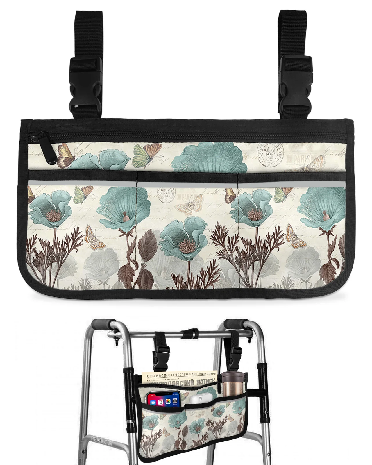 Vintage Tulip Flower Butterfly Wheelchair Bag With Pockets Armrest Side Bags Electric Scooter Walking Frame Storage Pouch