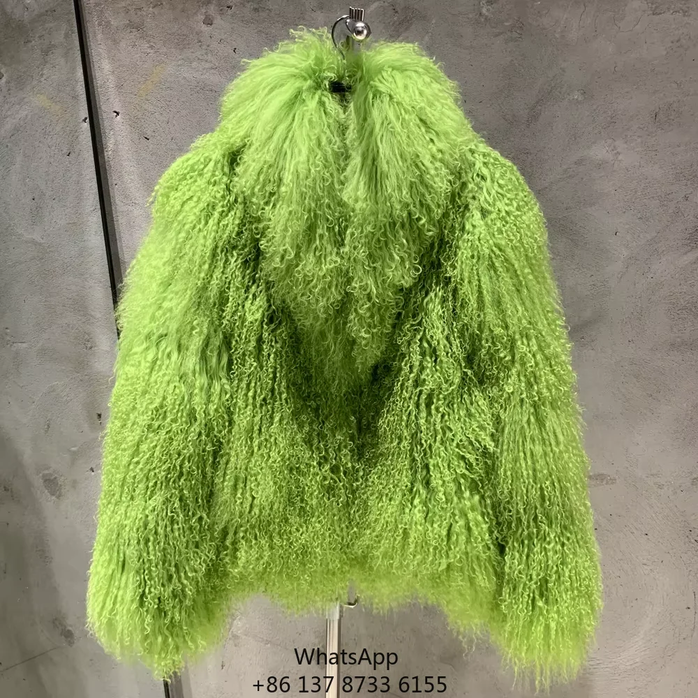 

Winter Natural Fluffy Fur Jackets Curly Sheep Fur Coats Women Bright Green Mongolian Fur Coat