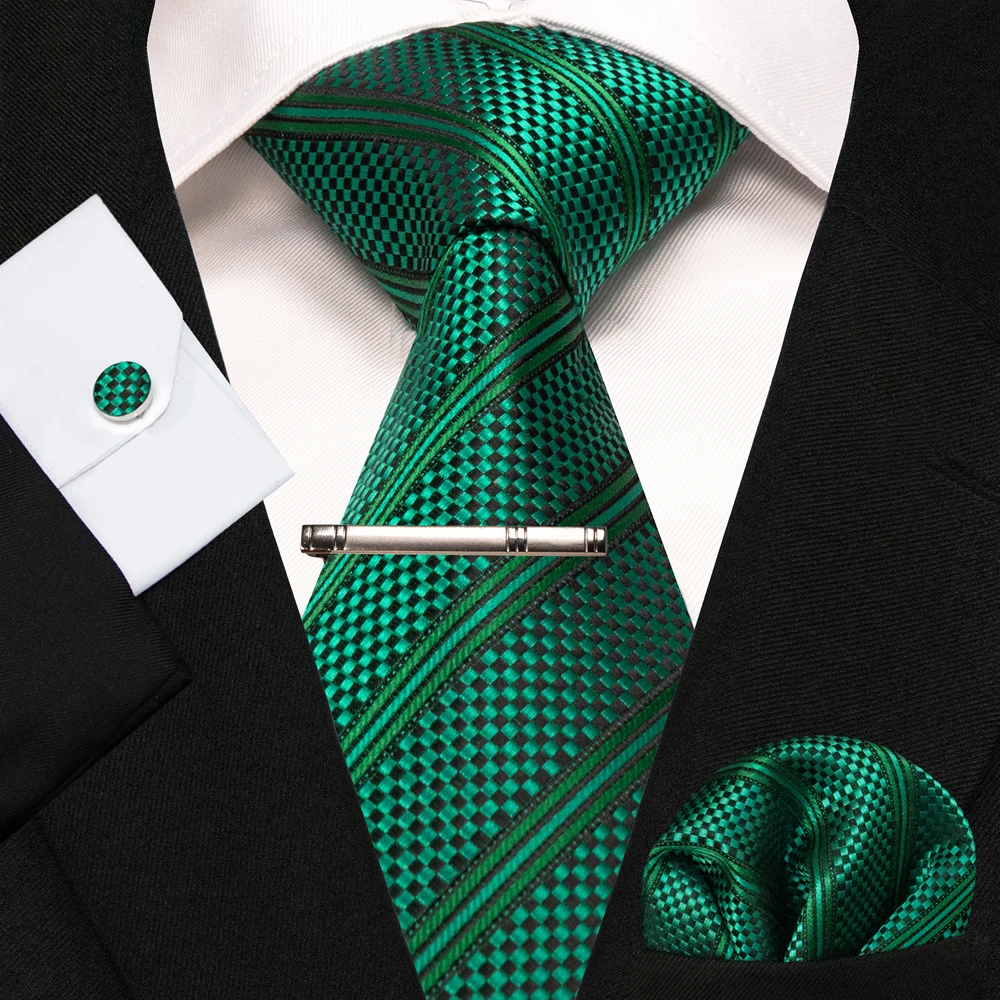 8cm Seidenkrawatten für Herren, grün-schwarze Krawatten, kariert, gestreift, Krawatten-Set mit Einstecktuch, Manschettenknöpfen und Krawattenklammern, für Hochzeit, Business, Party. – Detail 14
