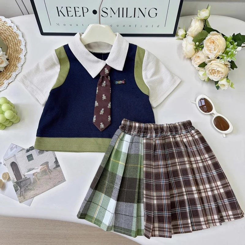 

TOY-Summer Girls' Academy Style Design Set Fashionable and Trendy for KidspoloIrregular Pleated Skirt Two-Piece Set