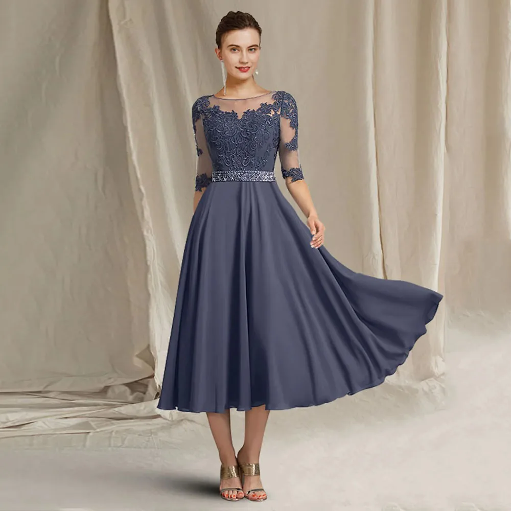 

Chiffon Mother of the Bride Dresses 2025 V-Neck Simple Wedding Guest Gowns Tea-Length Blue Elegant Dress Women For Wedding Party