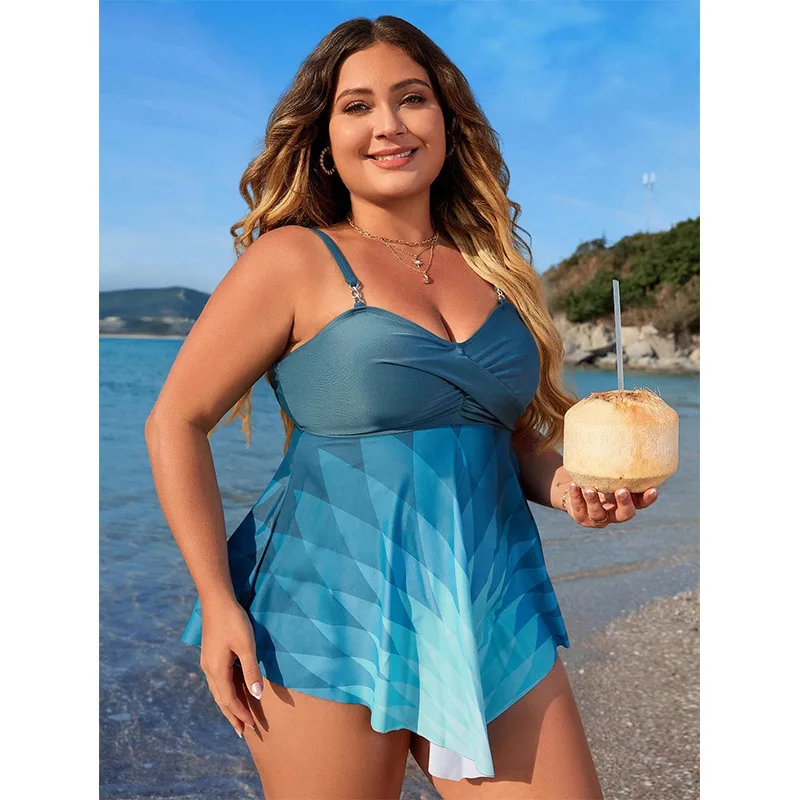 Gradient Solid Color Plus Size One-piece Swimsuit for Women Sexy New Gathered Swimming Skirt