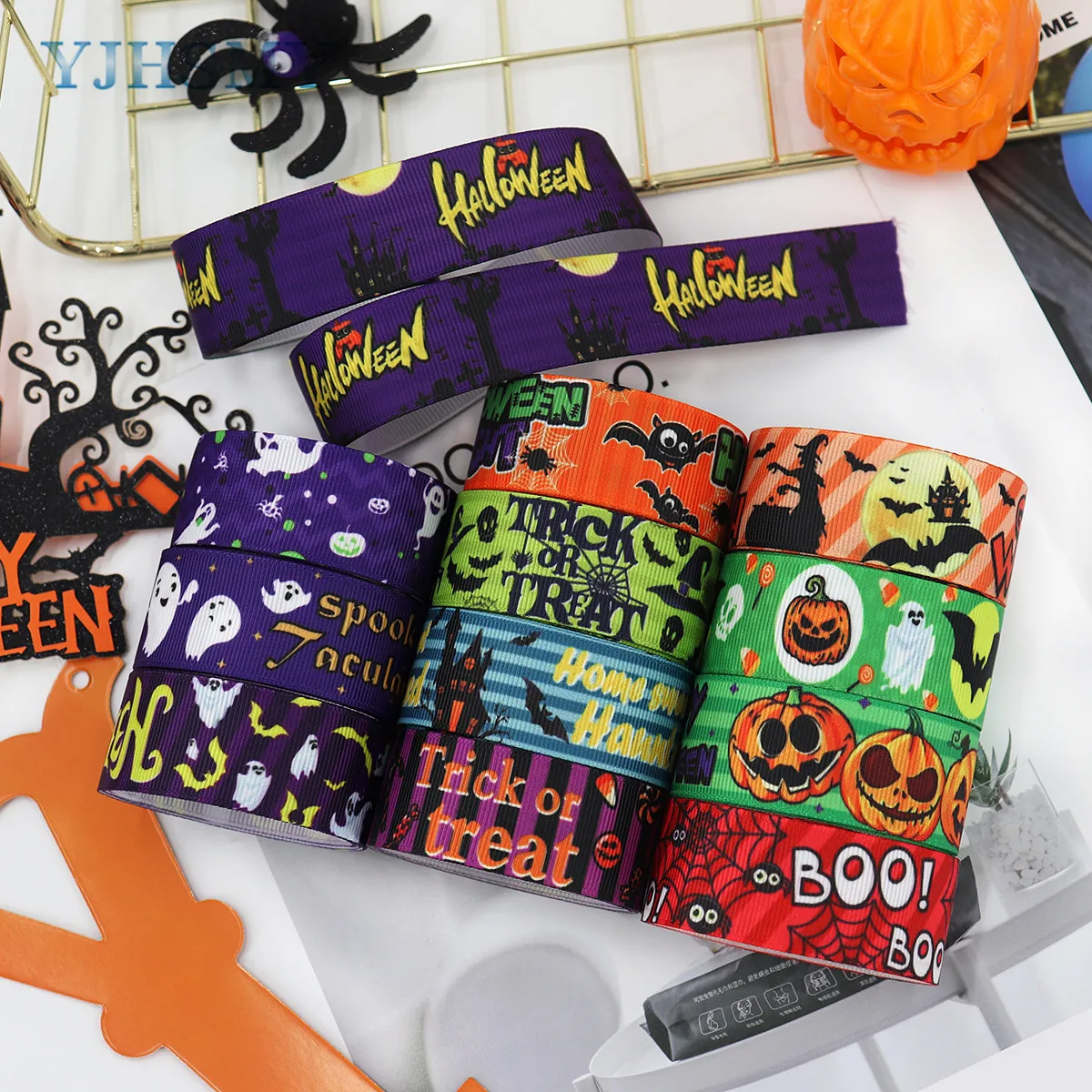 Halloween Ribbon Pumpkin Ghost Skull Wizard Bat Cat Grosgrain Ribbons for Gift Wrapping DIY Crafts Decor Craft Party Decoration