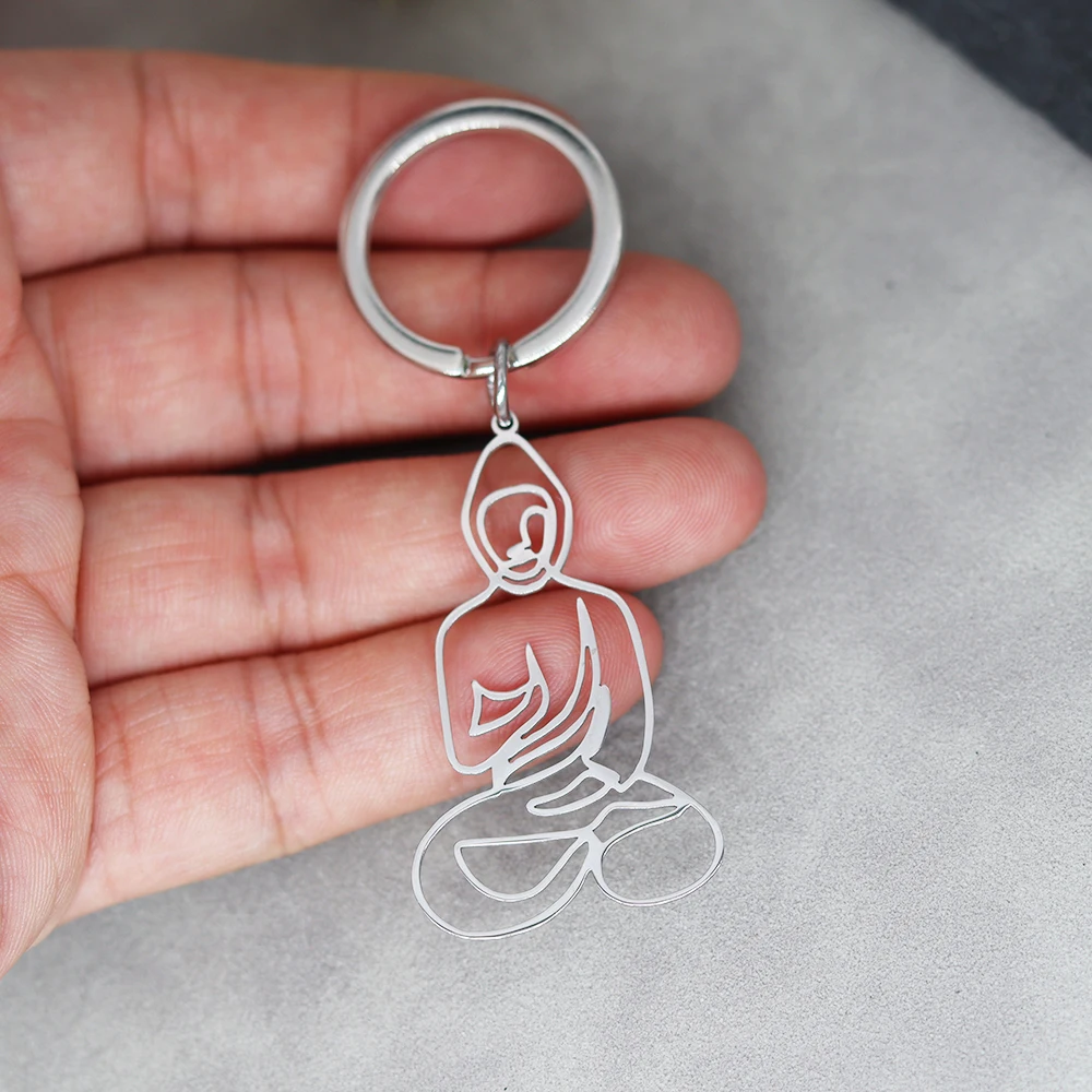 Nedar Buddhism Meditation Buddha Yoga Pendant Keychain Stainless Steel Buddhist Jewelry Namaste Zen Keyrings Gift for Men Women