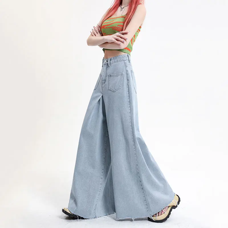 Light Blue Wide Leg Jeans for Women's 2024 Summer High Waisted Loose Fitting Hong Kong Style Fashion Design Straight Leg Pants