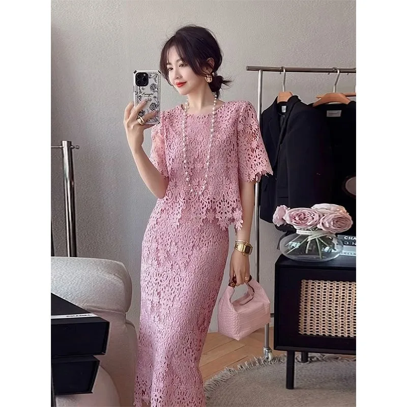 New French Lace Summer Women's Two-piece Elegant High End Fashion Short Sleeve Blouse Top + Slim Skirt Small Fragrant Suit