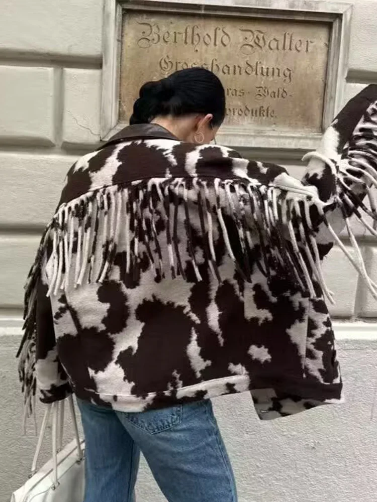 

HH Woman Long Sleeves Single-breasted Pocket Decoration Turn-down Collar Short Coat Women Autumn Casual Printed Tassels Jacket