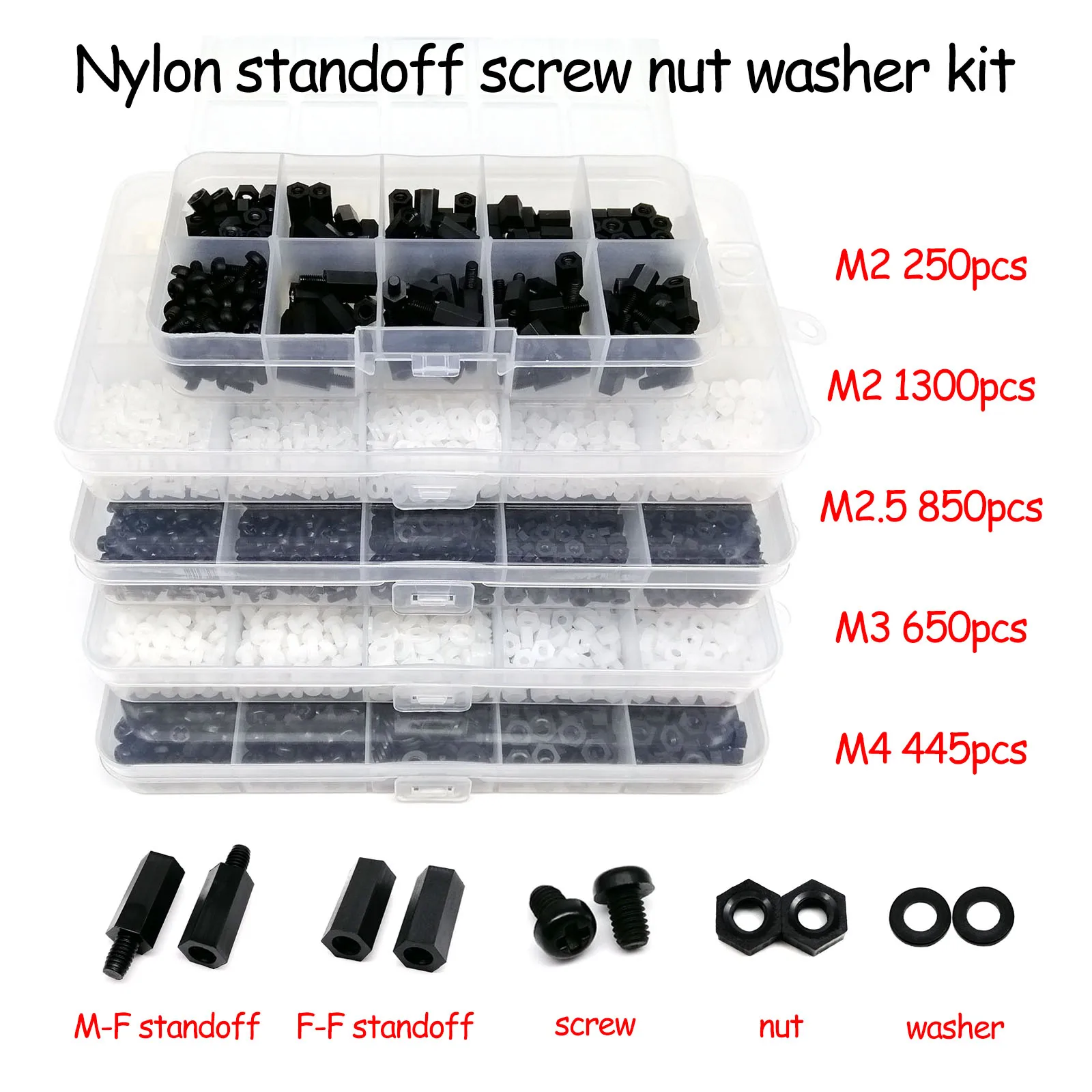 1 Box Plastic Nylon Hex Hexagon Spacer Column Standoff Screw Nut Washer Kit Set for PCB Motherboard M2 M2.5 M3 M4 Black White