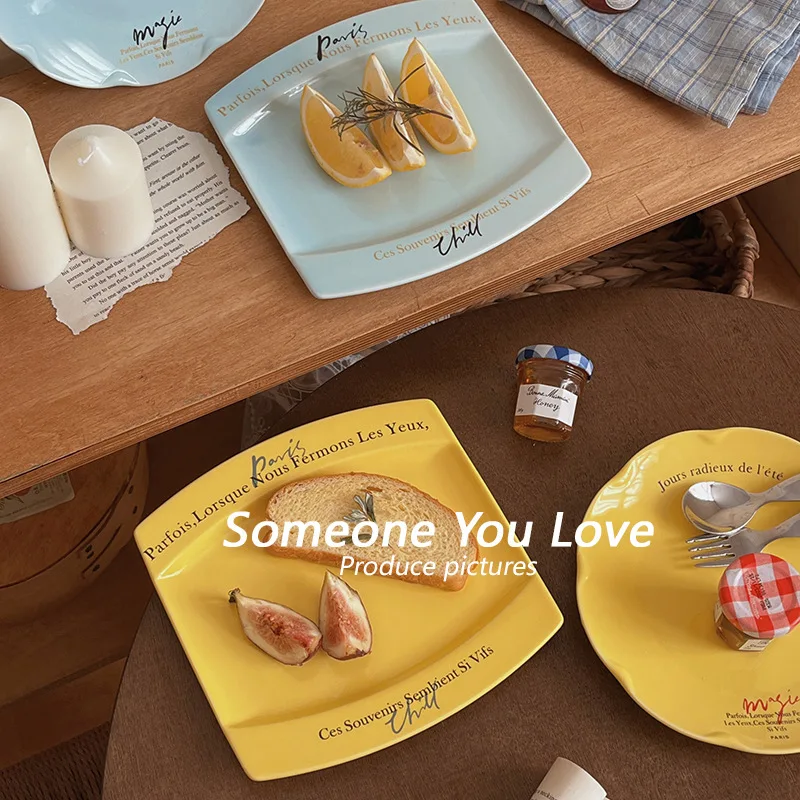 

Vintage English Letter Dessert Plate,French Square Plate Ceramic Bread Dessert Flat Plate, High-end Restaurant Display Plate