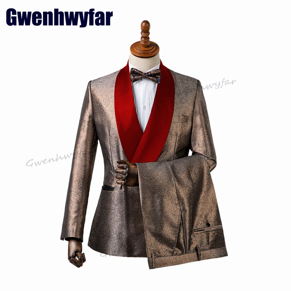 Gwenhwyfar Luxury Shiny Men Suit Wedding Groom Evening Dresses 2 Pieces Double Breasted Suit Costume Homme disfraz（Jacket+Pants）