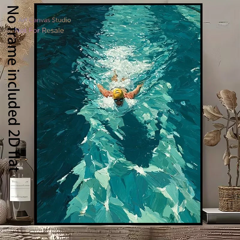 2D Flat, 2D Flat, A 2D Flat Canvas Painting Featuring a Swimmer Vigorously Paddling in a Turquoise Pool, Showcasing Dynamism