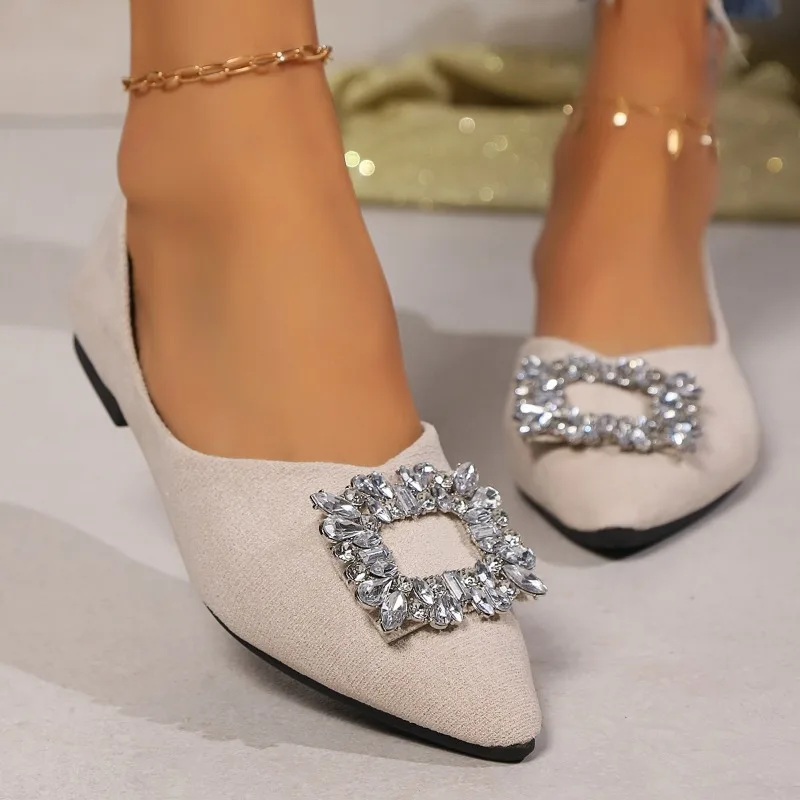 Zapatos planos de punta estrecha para mujer, calzado ligero y cómodo con diamantes de imitación decorados, de alta calidad, Color sólido