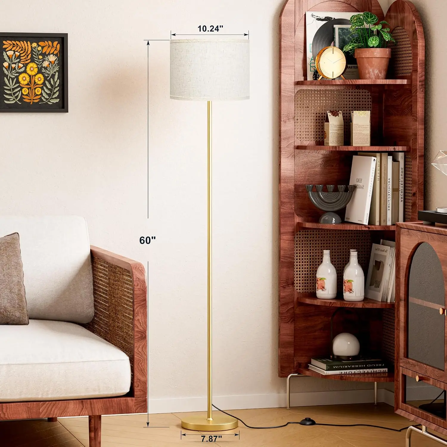 60‑Inch Modern Tall Floor Lamp, Beige Lampshade & Gold Pole, Bulb Not Included, For Living‑Room, Bedroom, Office & Dining‑Room