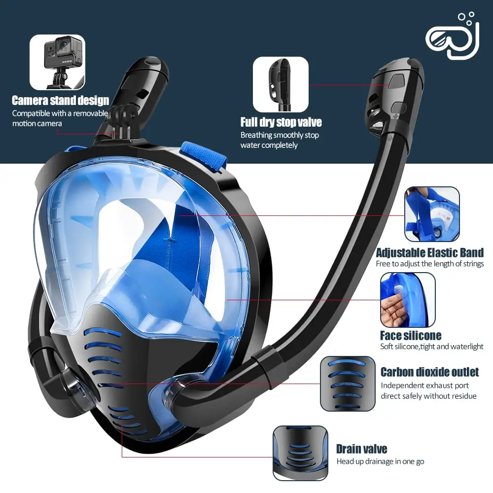 Double Tubes Full Face Snorkel Mask New Breathing Mode 180° Panoramic Anti-Fog Diving Mask Dry Top System for Adults Teenagers
