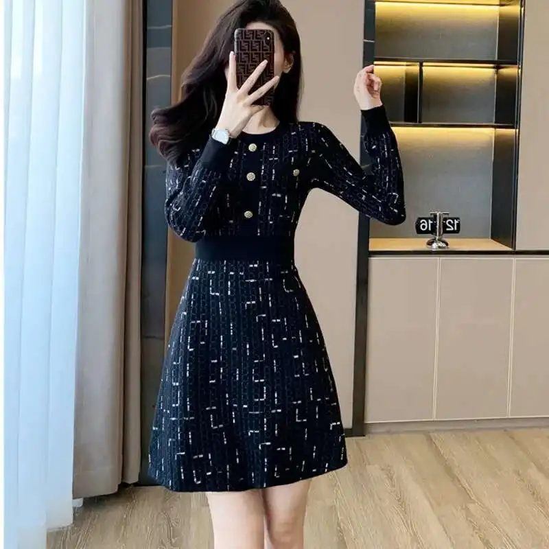 #0901 Black High Waisted Sweater Dress O-neck Buttons Office Elegant Short Dress Female Long Sleeve Stretch Knitted Dress Femme