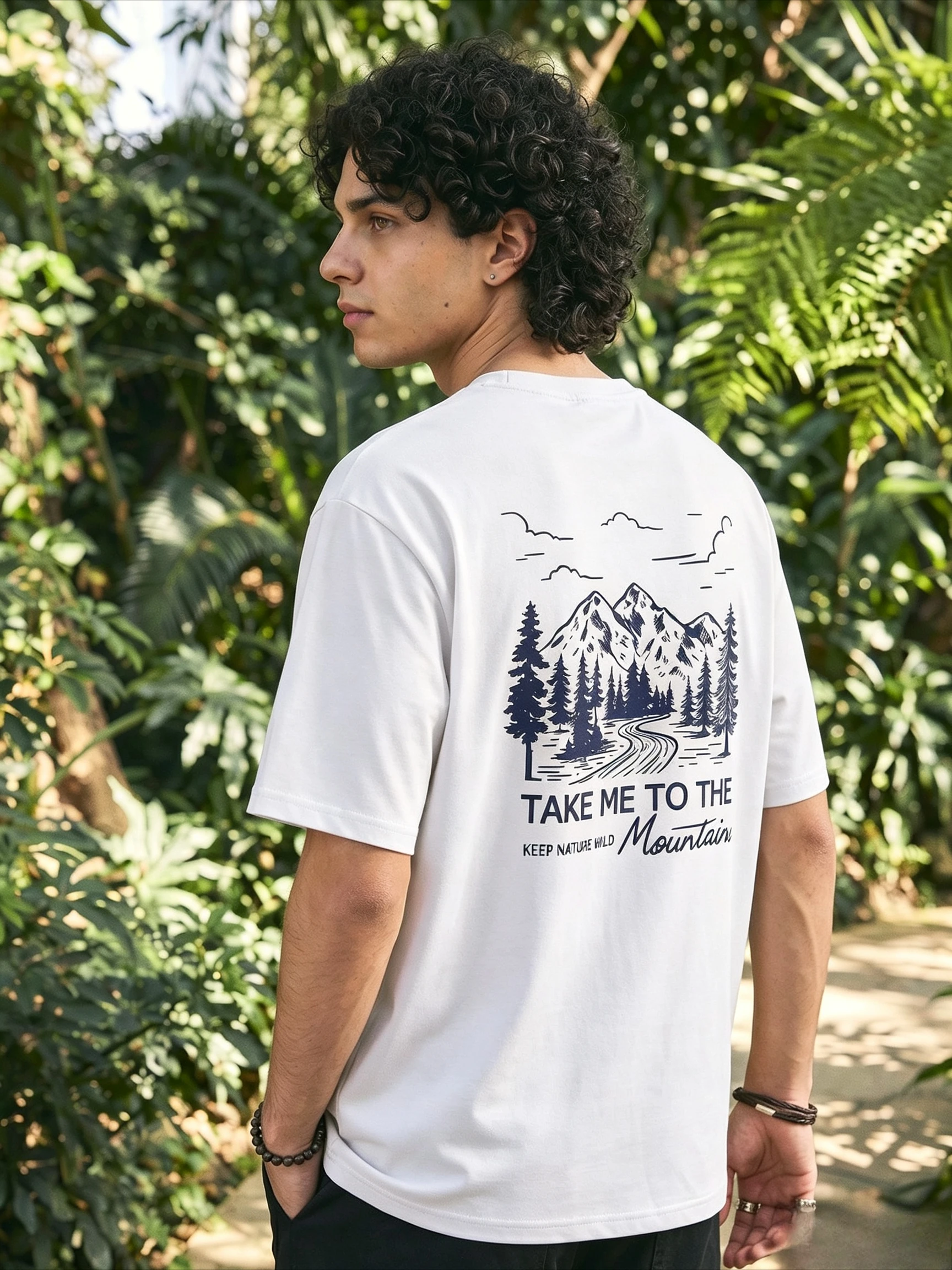 Family Matching Outfit T‑Shirt Vintage Pine Mountain Scenery Back‑Print Nature Adventure Slogan Parent‑Child Short Sleeve Tee