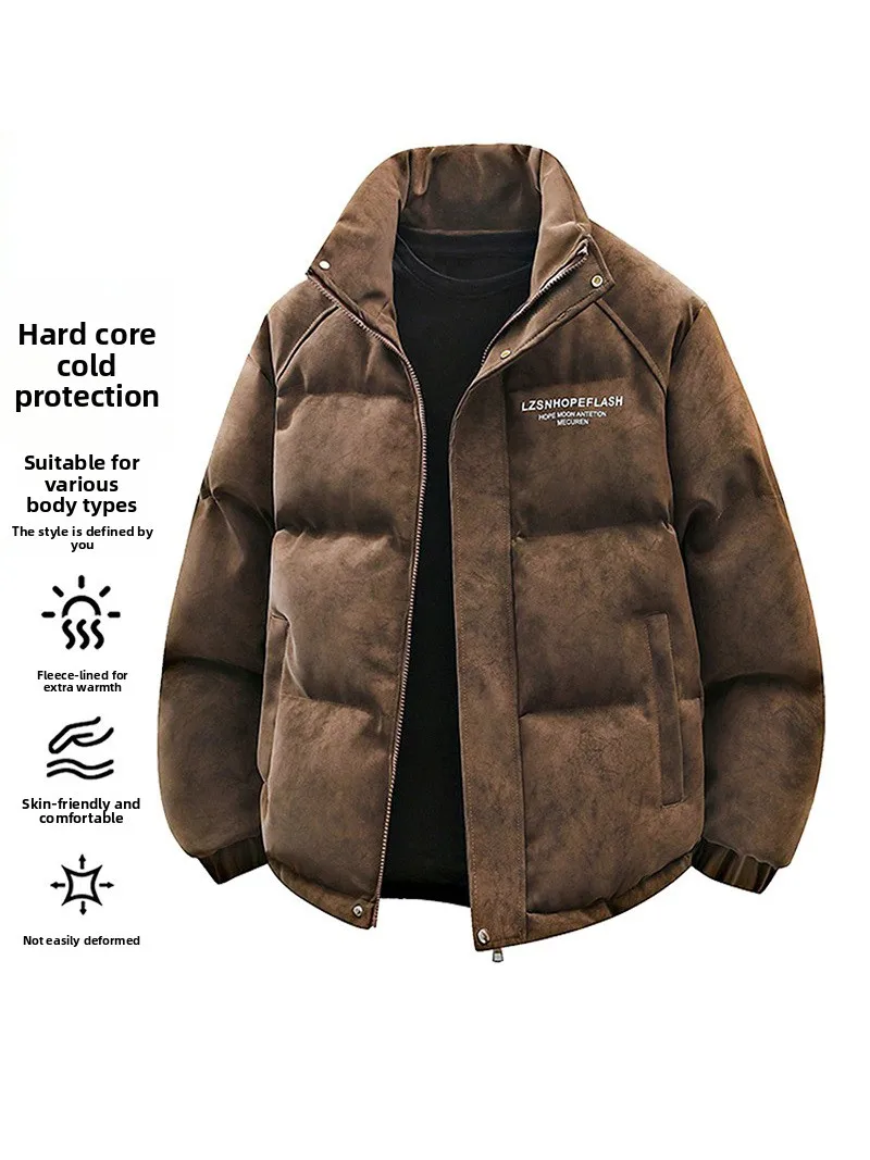 

Утепленная зимняя куртка из искусственной кожи и хлопка для мужчин: модная брендовая модель свободного кроя с воротником-стойкой, верхняя одежда из хлопка