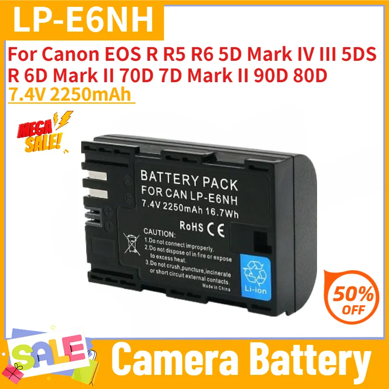 New 7.4V 2250mAh LP-E6NH Camera Battery For Canon EOS R R5 R6 80D 90D 60D 70D 5D IV 5DS R 7D Mark III Replacement Battery