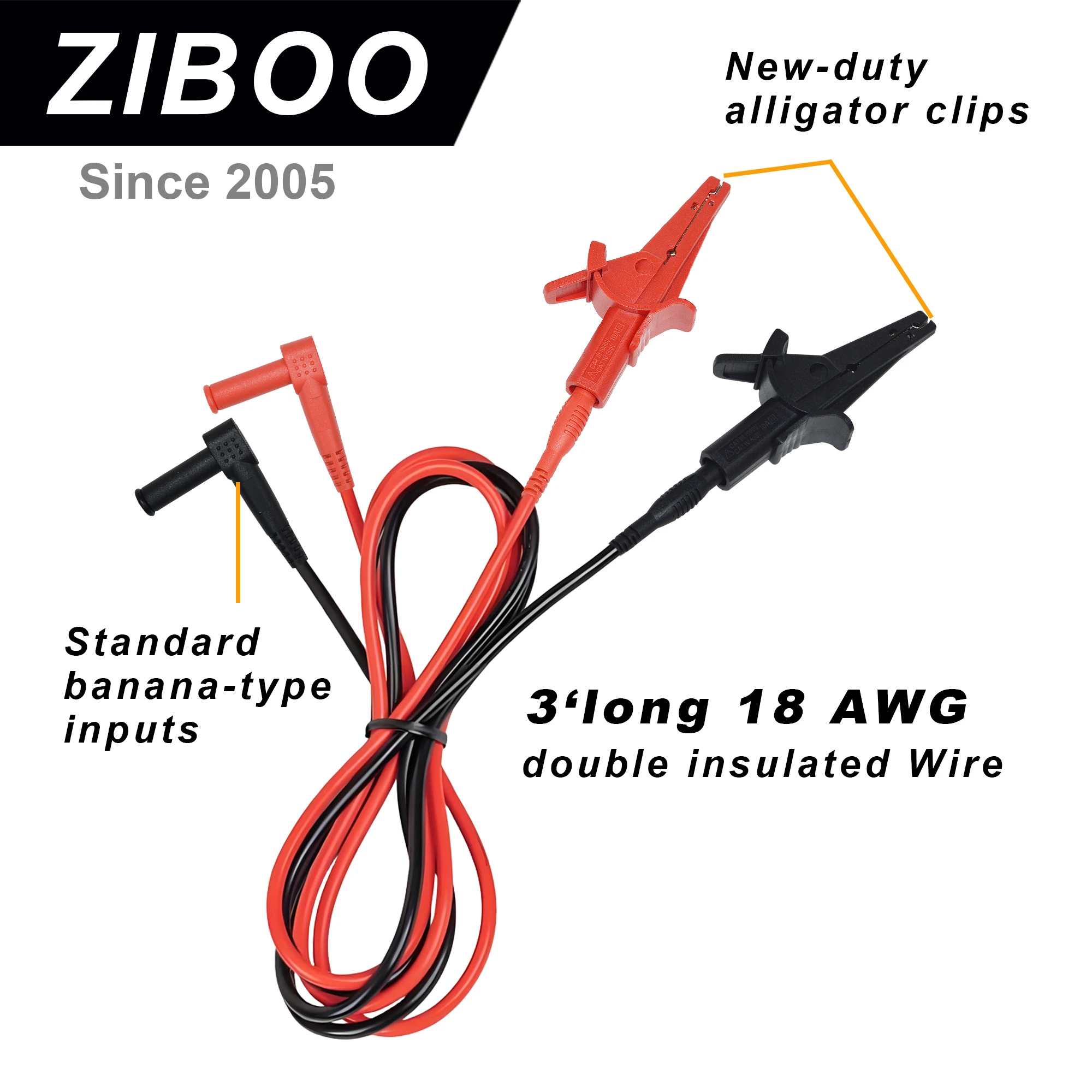ZIBOO 69381 Heavy-Duty Banana Plug Replacement Leads, Alligator Clip Test Leads, 3-Foot.