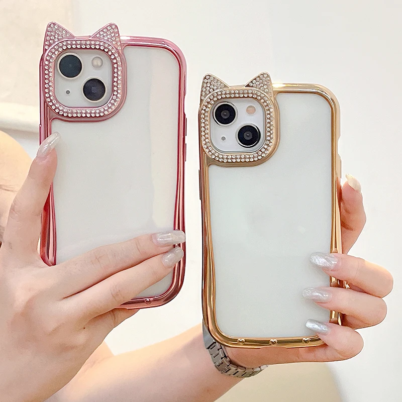 

Fashion Bling Diamond Cat Ears Plating Phone Case For iPhone 15 16 Pro Max 14 13 11 12 Metallic Color Clear Cover