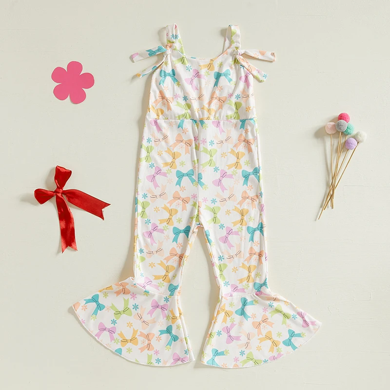 FOCUSNOR 4 Colors Lovely Kids Girls Bell-bottoms Overalls Pants 1-6Y Bow/Strawberry Print Sleeveless Square Neck Jumpsuit