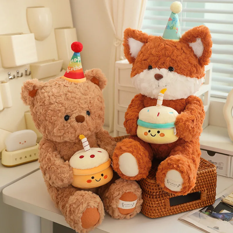 

Cute Fluffy Birthday Cakes Teddy Bear&Fox Plush Toys Soft Stuffed Festival Party Prop Babys Accompany Dolls for Girls Kids Gifts