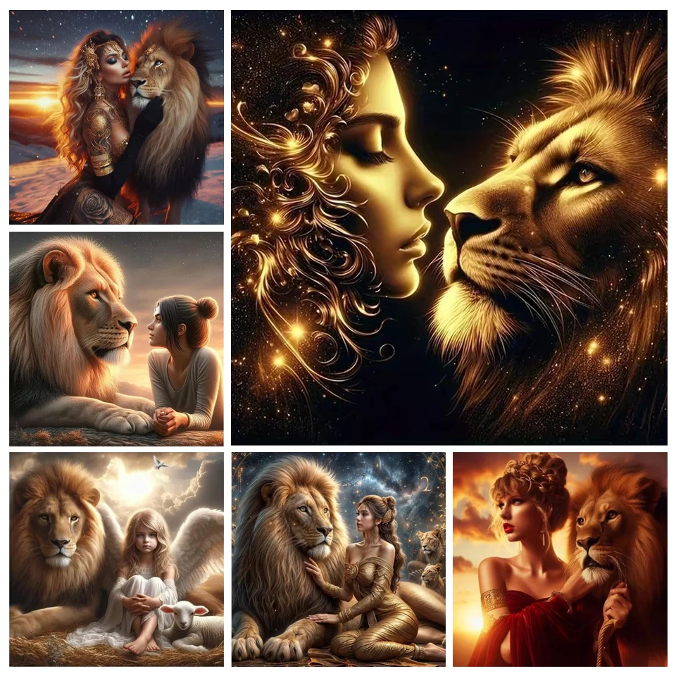 

Golden Woman and Lion DIY Diamond Painting Cross Stitch Kit Mosaic Diamond Embroidery For Home Decor Gift