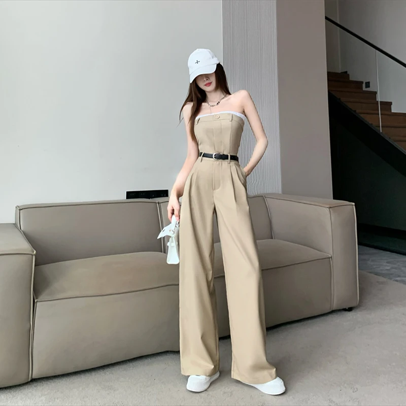 Streetwear Strapless Suit Jumpsuit Women Spring Summer High Waist Office Lady Combinaison Femme Elegant Overalls