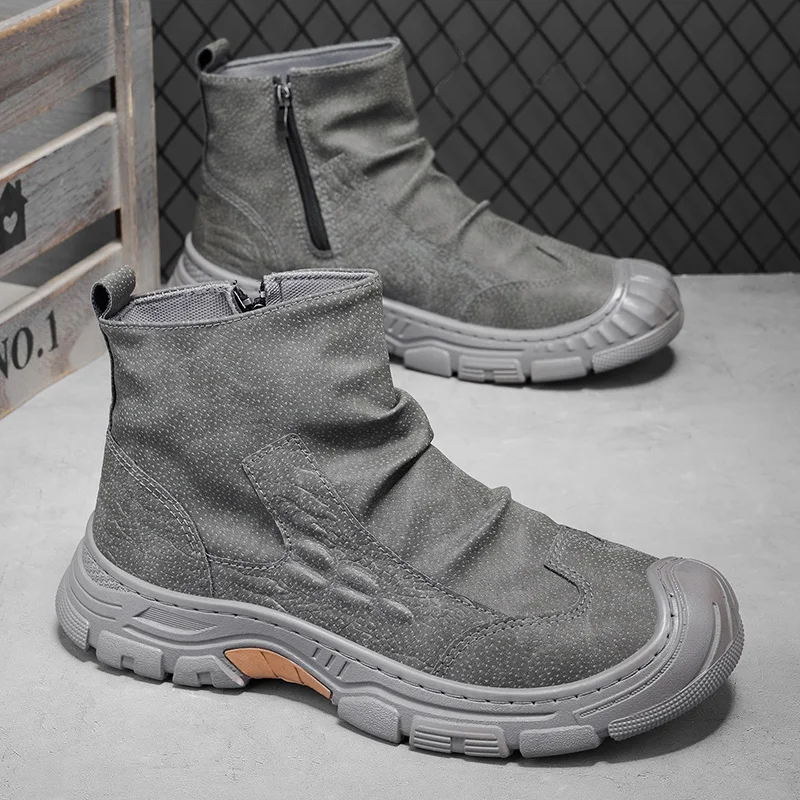 Men's Boots High Cut Workwear Shoes Autumn New Zipper Pleated Non Slip Comfort Thick Soled Wear-resistant Fashion Flat Boots