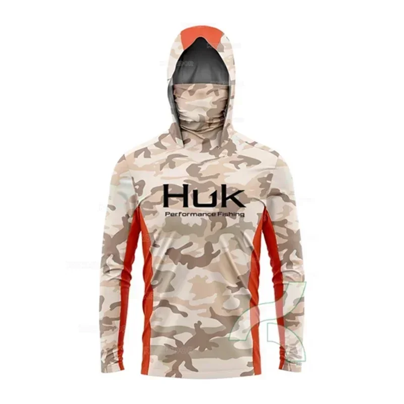 HUK Fishing Shirt Long Sleeve Anti-UV Fishing Hooded Shirts With Face Mask Fish Clothing Outdoor Sun Protection T-shirts UPF 50+