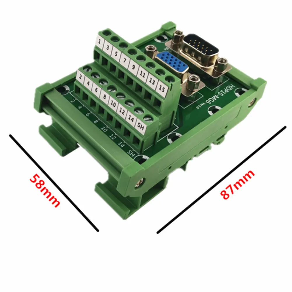VGA male female adapter terminal block HDP15MG6 for DIN rail mounting supports 5 0mm pitch copper wire 16 to 26 AWG