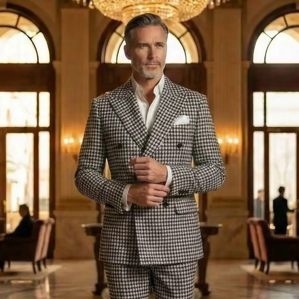 

Classic Houndstooth Suits Men Double Breasted Jacket Pant 2 Pieces Sets Plaid Tweed Woolen Men's Attire Groom Dinner Tuxedos