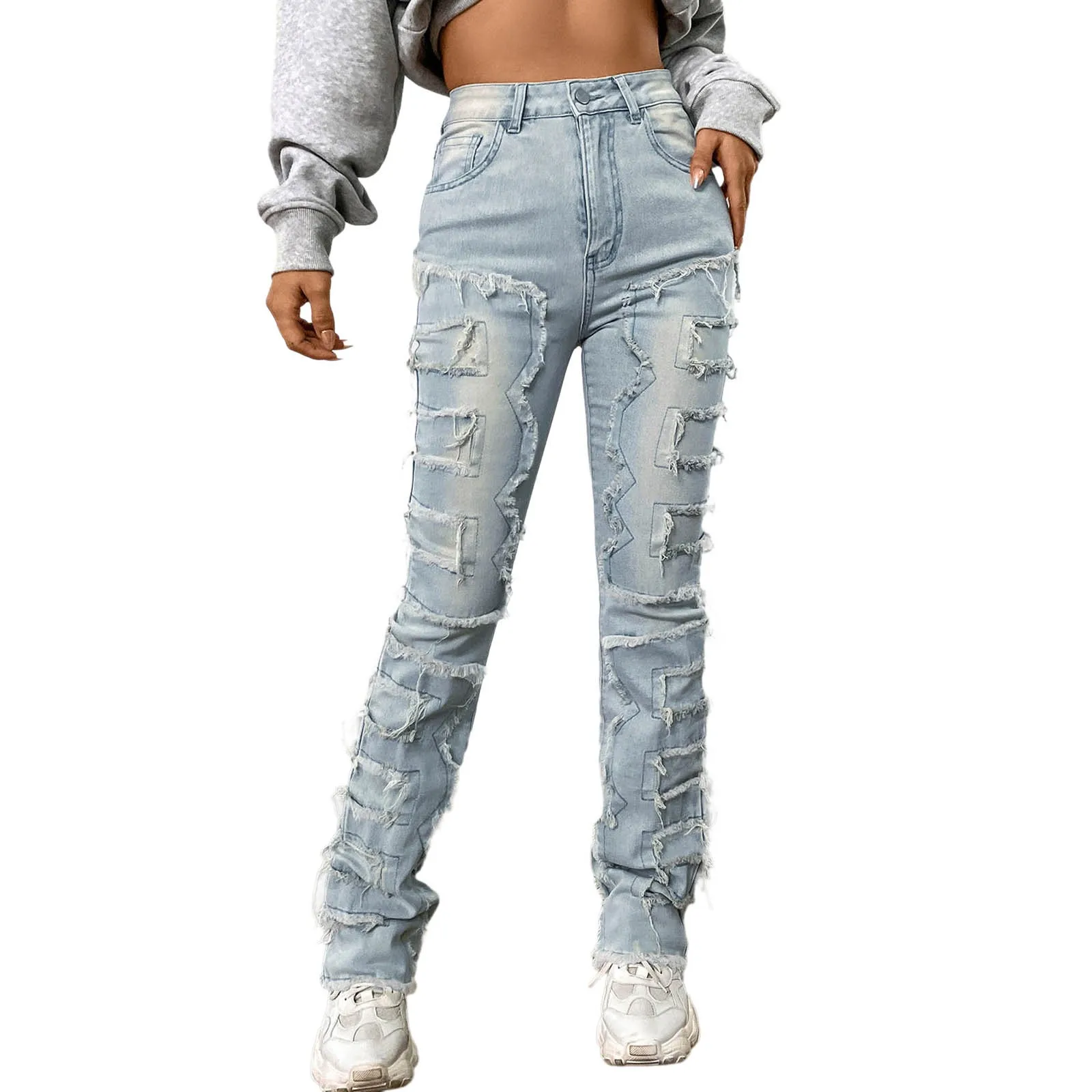 Vintage Y2k High Waisted Jeans Stretch Patch Denim Stacked Straight Leg Embroidered Straight Leg Pants Baggy Jeans For Women